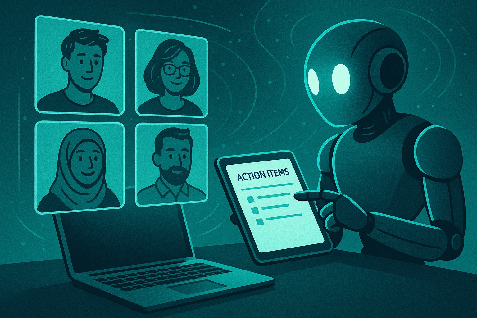 AI copilot summarizing meeting notes on a tablet beside a laptop