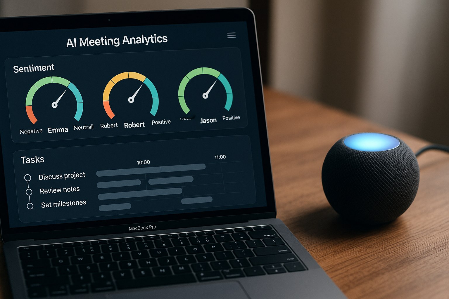 Laptop dashboard with AI meeting analytics and sentiment gauges