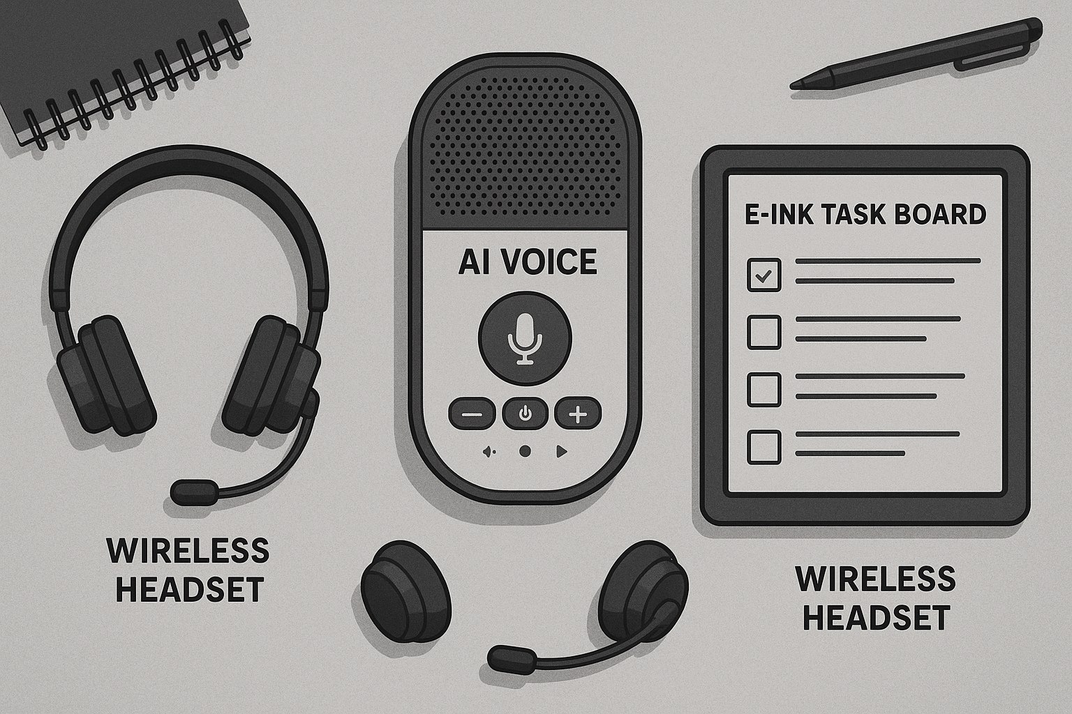 Top-down desk view with AI voice console, wireless headsets and e-ink task board