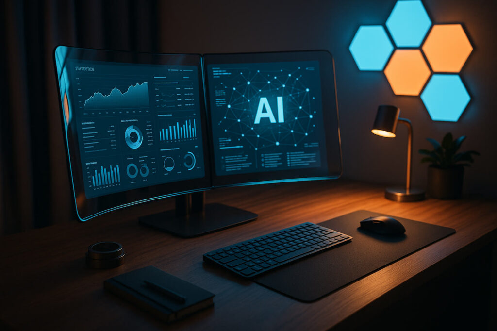 AI-optimized home office desk with transparent displays and adaptive lighting