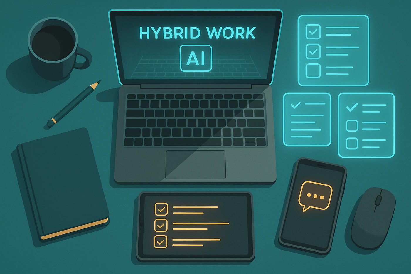 Top-down view of AI-orchestrated hybrid workspace