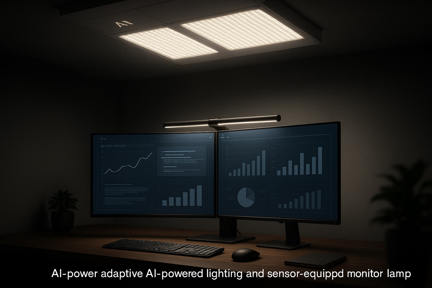 Adaptive AI office lighting and sensor-equipped monitor lamp