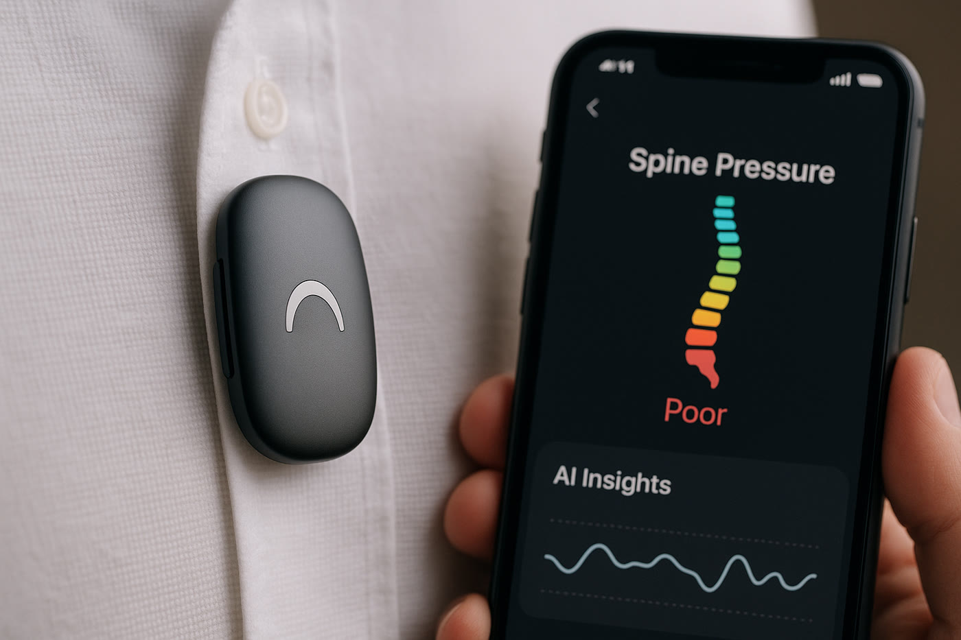 Wearable posture coach clipped to shirt with AI insights on phone