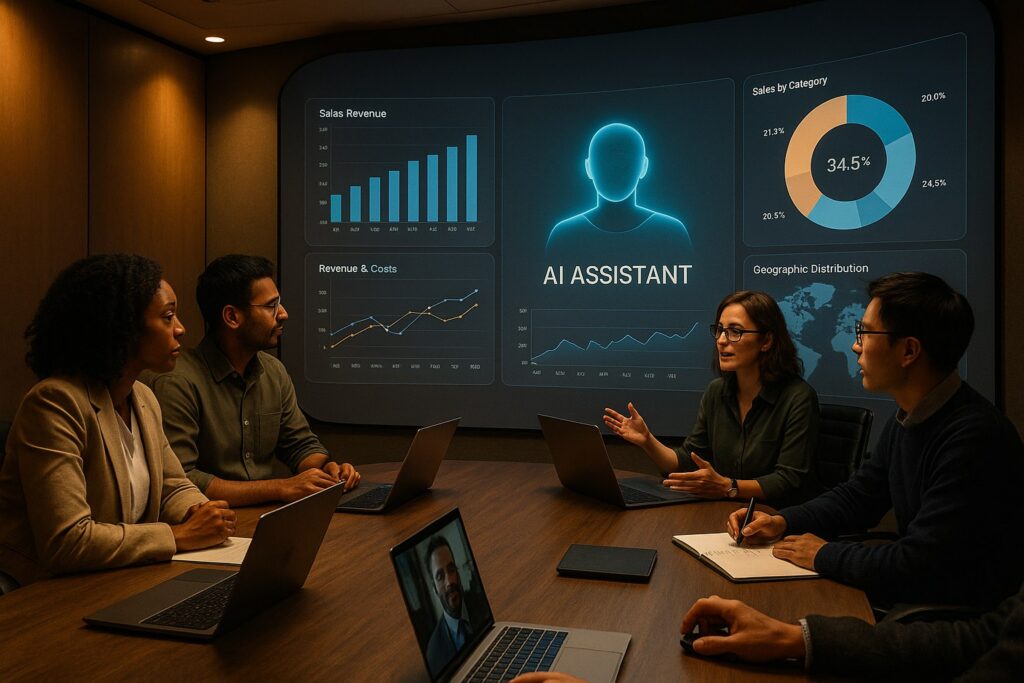 Immersive AI-enabled hybrid meeting room with curved display